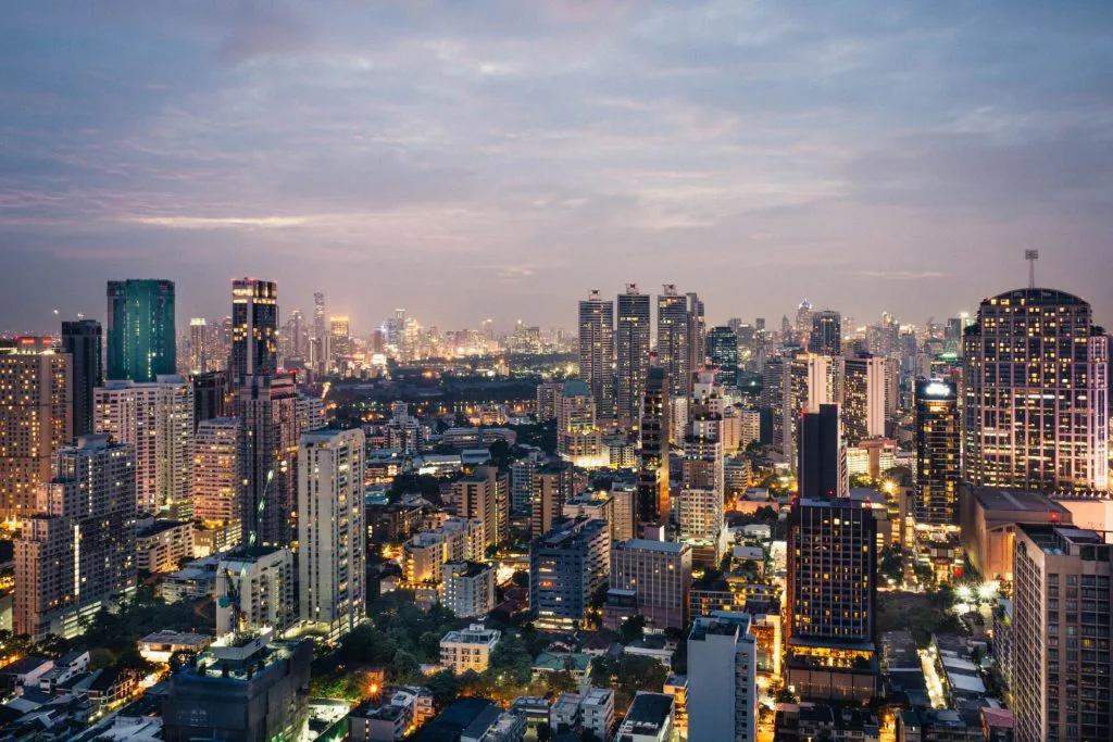 City skyline at sunset